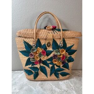 Vintage Woven Straw Basket Bag Raffia Floral 3D Applique Teal Embroidery Tote